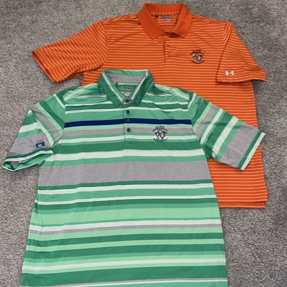 Two (2) 2014 US Open Pinehurst Orange & Green Gray Stripe Golf Polo Shirt XL